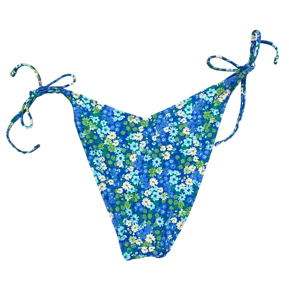 Aerie Large Blue Green Floral Side Tie Cheeky Bikini Bottom - Picture 2 of 4